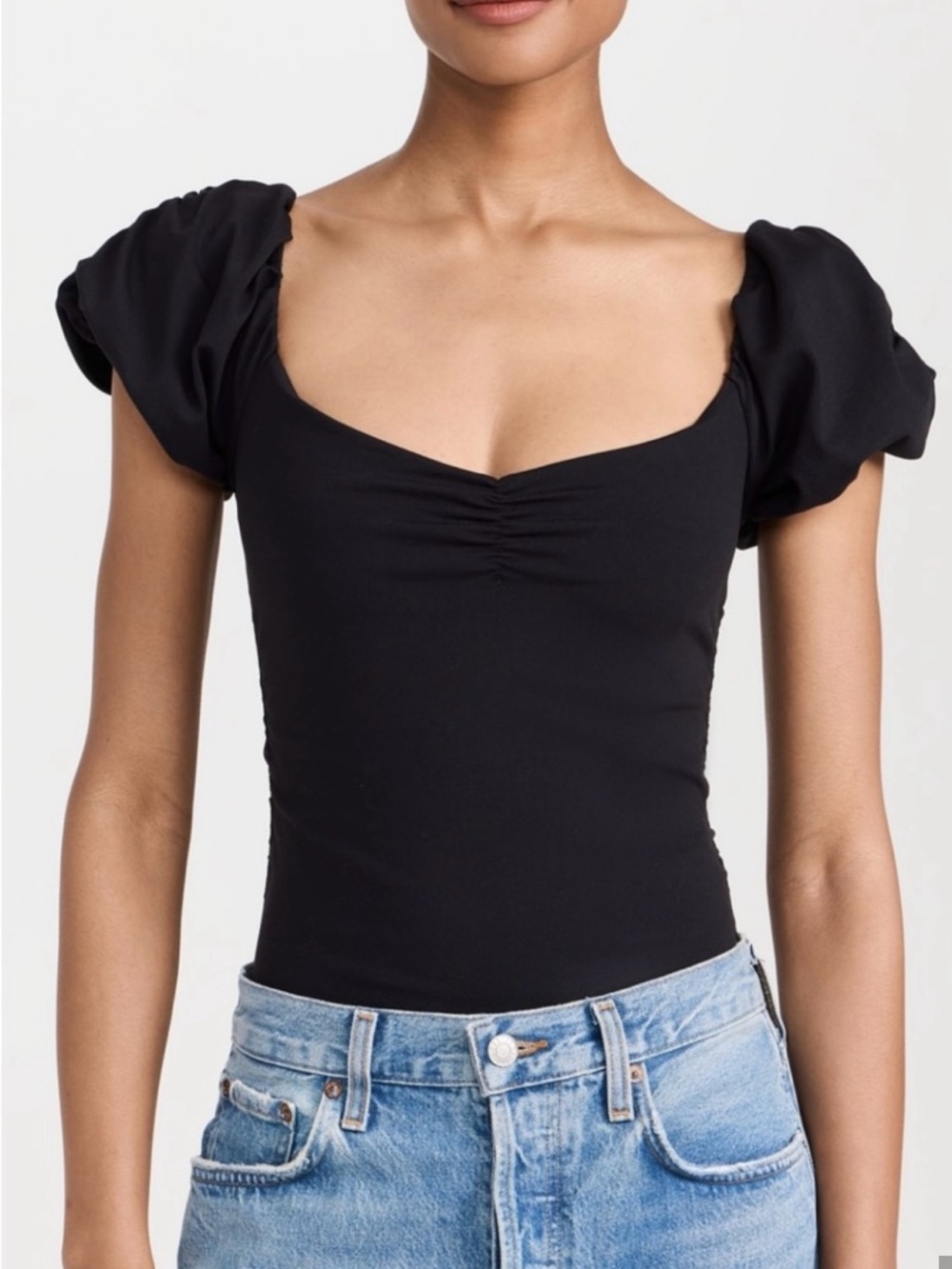 Free People Black Puff Sleeve Scoop Neckline Body Suit